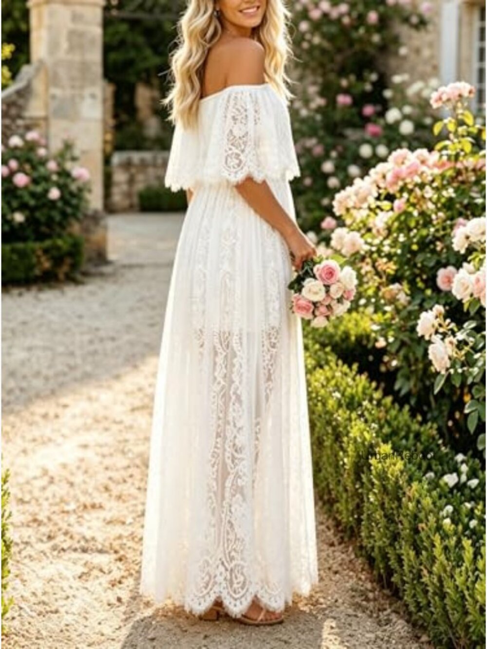 Off Shoulder Floral Lace Maxi Dress for Wedding Maternity Photoshoot Long - Picture 3 of 7
